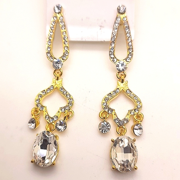 Antique gold tone clear crystal rhinestone drop dangle fashin jewelry earrings - Picture 2 of 3